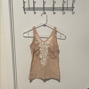 Bebe Vintage Y2K Beige Beaded Sleeveless Lace Appliqué Tank Top Cottagecore Boho